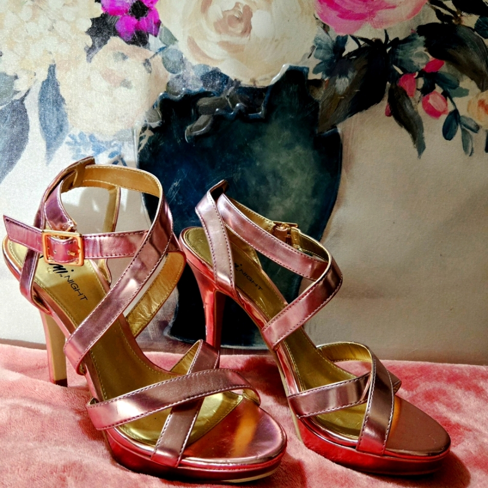 Fioni Night brand heels in metallic pink. These heels feature an open-toe design
